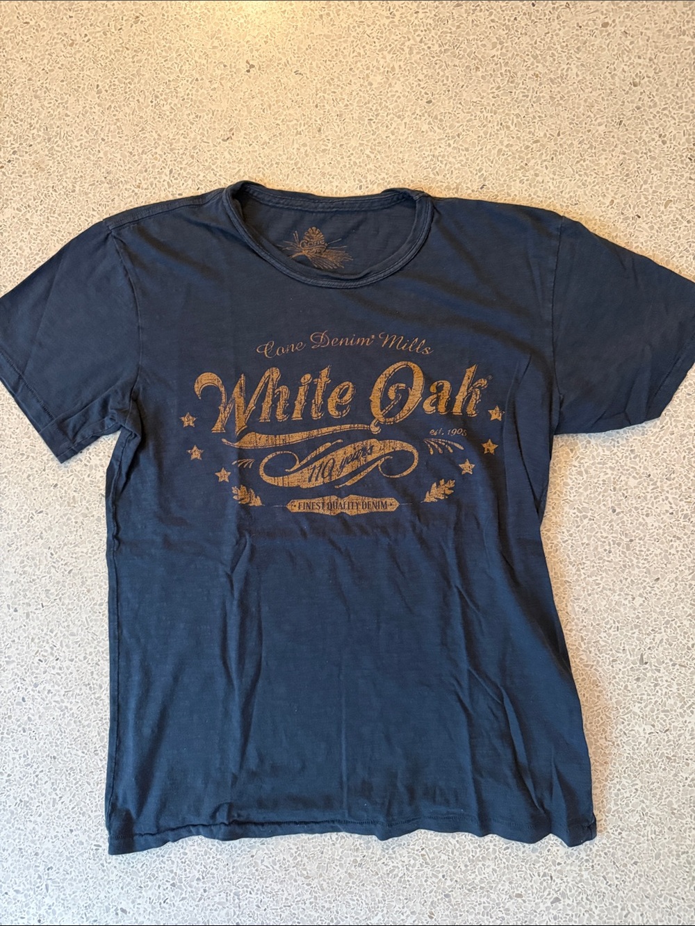 White Oak Cone Denim Mills Selvedge T-Shirt - Navy with Gold Print Size Medium